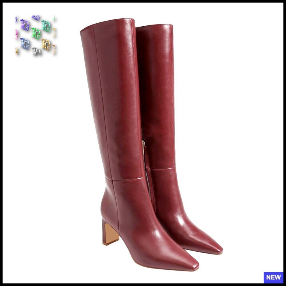 Knee High Boots Chunky Heel Square Toe Side Zipper Faux Leather Fall Dress